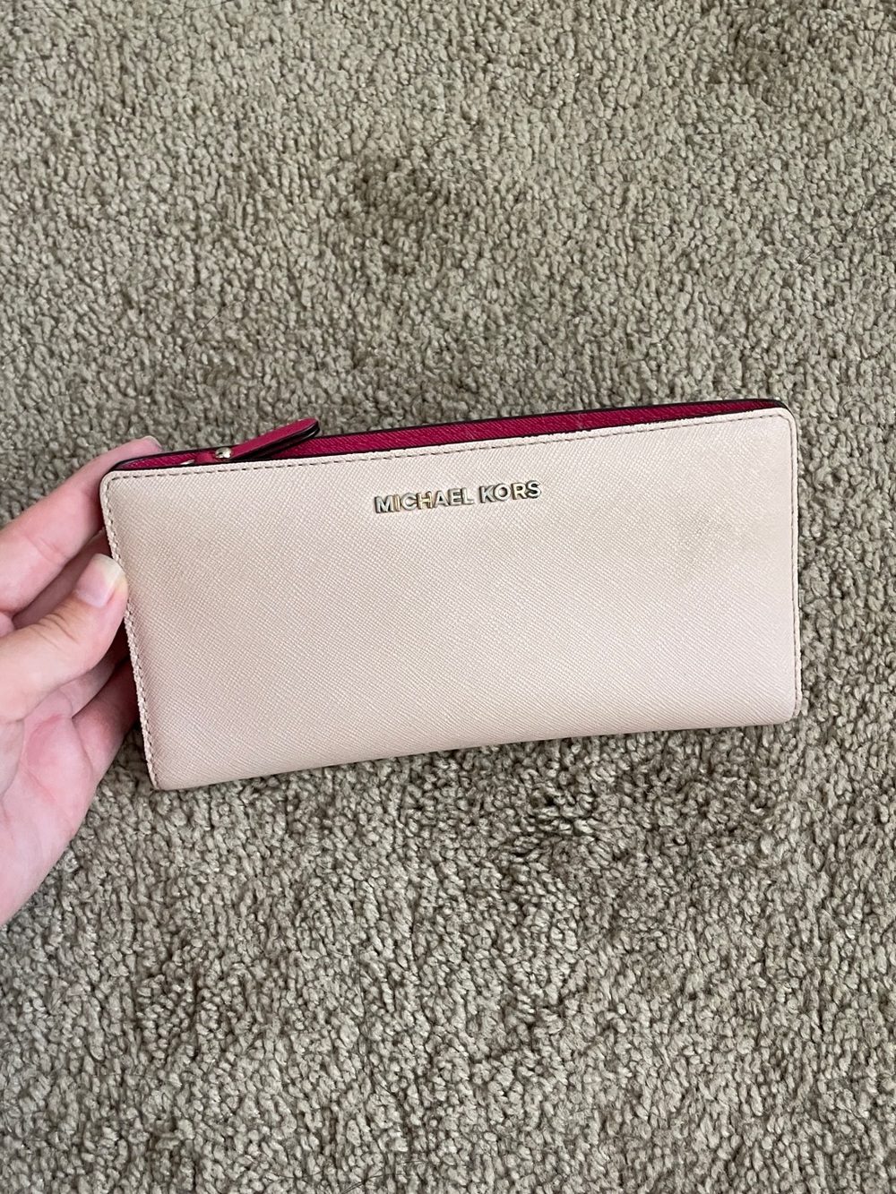 Michael Kors Pale Pink Continental Zip Wallet with Fuchsia Trim